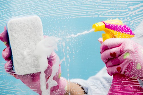 Professional cleaners using protective equipment during a cleaning task