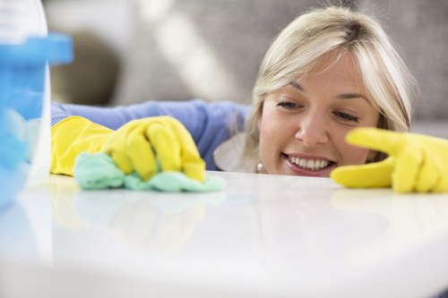 Professional office cleaners in Finchley sanitising a modern workspace